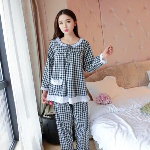 Two-piece home service spring and summer long-sleeved plaid princess style thin female cotton pajamas suit loose casual pijama