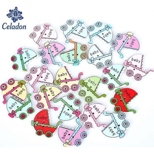 50Pcs Lovely Baby Car Conveyance 2 Holes Sewing Wood Buttons Flatblck Scrapbooking Accessories 33x32mm