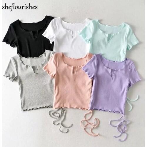 Korean t shirt women short sleeve tees summer v neck tops knitted drawstring tshirt women 2021 casual t shirt pink purple