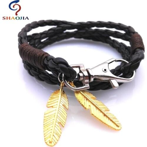 Leather Leather Bracelet Men Brand Wholesale Bracelets & Bangles Charm Gold Feather Bracelet Man Bracelets for Women Jewelry