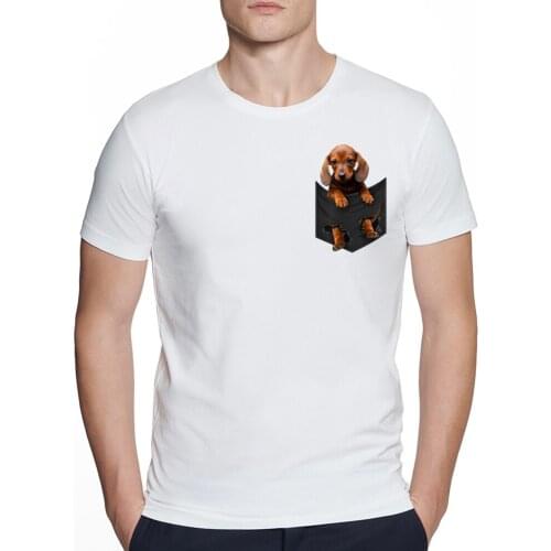 New Summer Funny Men Short Sleeve Dachshund in My Pocket Print T-Shirt Fashion White Casual Tops Hip Hop Dog Design Cool Boy Tee