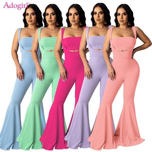 Adogirl 2020 New Summer Women Casual Two Piece Set Tube Top Spaghetti Straps Flare Jumpsuit Strapless Crop Top Foot Cut Pants
