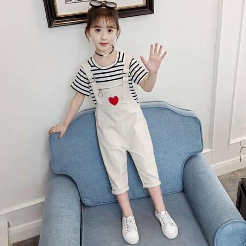 2Pcs New Toddler Girls Clothes Outfits Striped Tops +Overalls Pants Set Summer Casual Fashion Girls Clothes For Age 3-12 Years