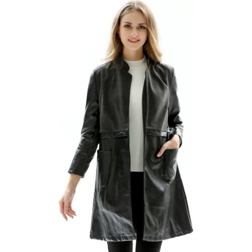 2020 autumn women long PU leather jacket o neck cardigan slim oversized Korean style faxu leather female coat outwear mujer
