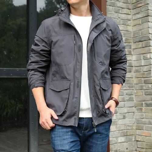 Autumn Jacket Mens Outdoor Quick-drying Multi-pocket Casual Breathable Large Size Slim Loose Jacket Hooded Windbreaker Coat