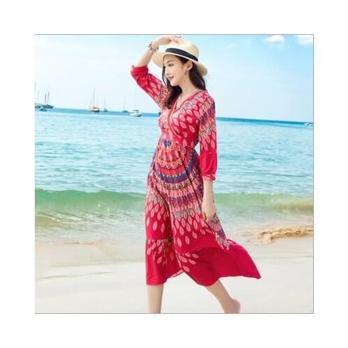 Spring Summer New Print Bohemia Thailand Style dress Women Boho Slim Longuette summer beach Vintage Mature laddy dress