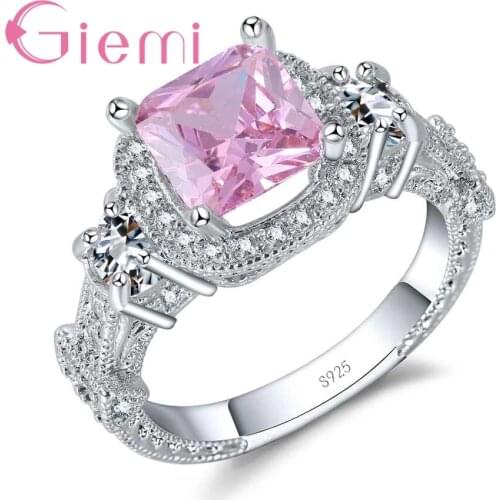 Romantic Wedding Anniversary Jewelry Sweet Pink Square Rhinestone Women Finger Ring High Quality 925 Sterling Silver Ring