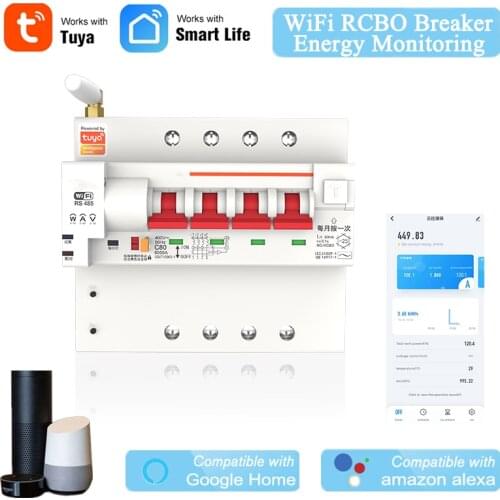 Din Rail Tuya Smart RCBO Circuit Breaker with Energy Monitoring 4P WiFi RCBO MCB Leakage Current Protection Alexa Compatible