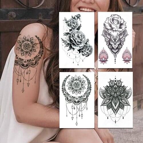Mehndi Moon Temporary Tattoos For Women Girls Unique Camellia Flowers Tattoo Sticker Lotus Fake Jewelry Waterproof Tatoos Chest