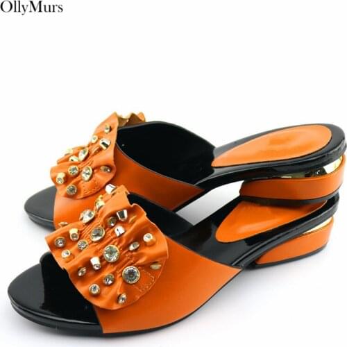 High Quality Decoration With Rhinestone Ladies Shoes African Style Orange Color Woman Shoes High Heels Shoes For Party
