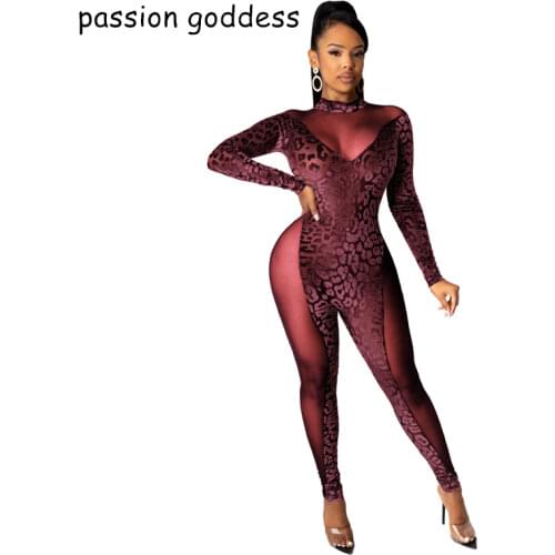 2021 Plus Size Sexy Streetwear Skinny Leopard Print Perspective Mesh Long Sleeve Jumpsuits for Women Club Black Bodycon Overalls