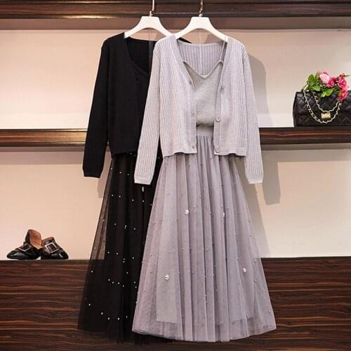 Fall 2021 New Womens Fashion Knitted Suit Casual Cardigan Jacket + Suspender Top + Mesh Skirt Three-Piece Sets Ladys s1181