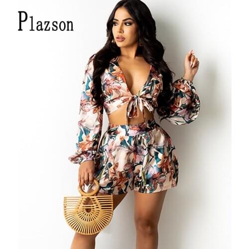 PLAZSON Vintage Floral Print Set Women Long Sleeve Open Cardigan Laced Crop Top And High Waist Short Autumn Vacation Sets 2021