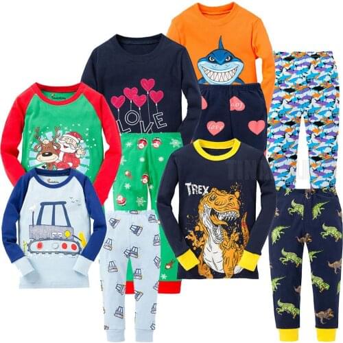 Children 2pc Cotton Sleepwear Baby Animal Pyjamas Baby Dinosaur Night Wears Girls 100% Cotton Sleeve Toddler Cartoon Pajamas