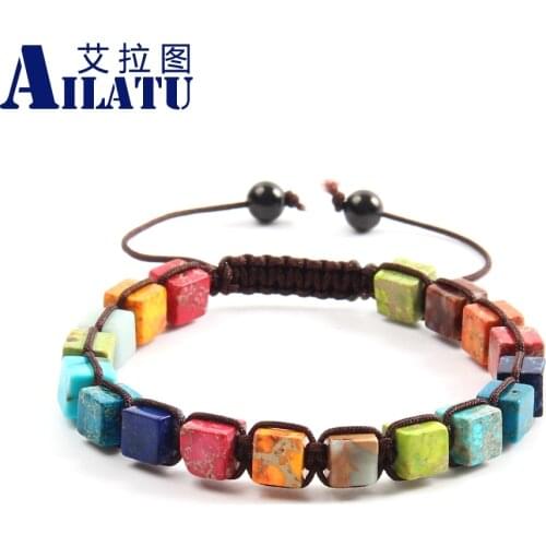 Ailatu 10pcs/lot 7 Chakra Bracelet Natural Sea Sediment Imperial Square Stone Boho Yoga Cham Woven Women Fashion Jewelry Gifts