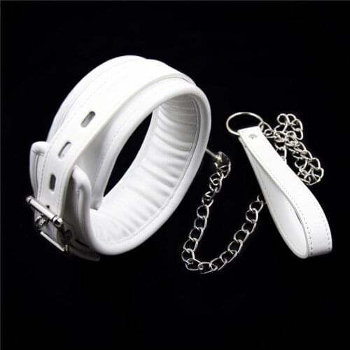 White Leather Lockable Soft Padded Choker Collar and Metal Lead Leash Medical Bondage Fetish Adult Sex Play Toy
