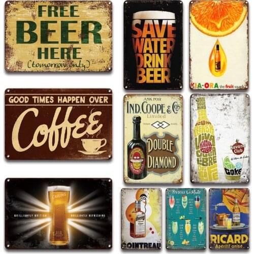 Free Beer Here Metal Plaque Bar Sign Vintage Coffee Tin Poster Sign Retro Tinplate Metal Sign Kitchen Home Room Decor Door Sign
