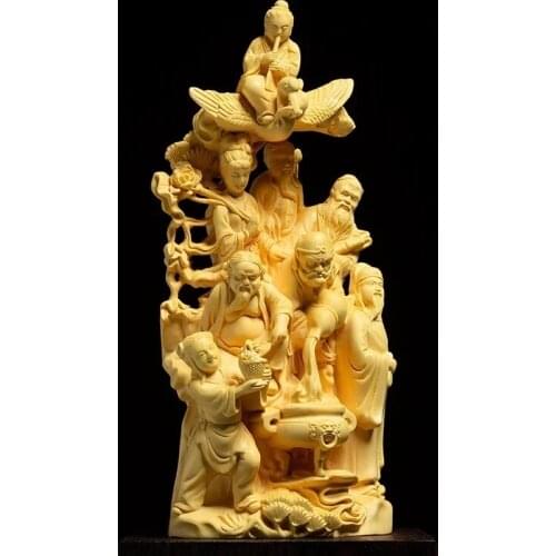 Boxwood 19cm Eight God Cross The Sea Sculpture Wood Feng Shui Buddha Statue Eight Immortals Crossing The Sea Lucky Home Decor