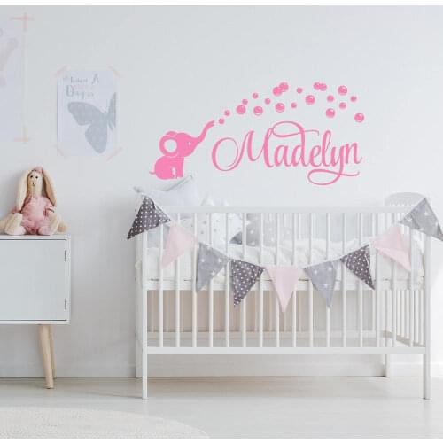 Nursery Elephant Wall Decal Vinyl Customized Name Wall Sticker Elephant Blowing Bubbles Wall Decor Kids Bedroom Design Art AY093