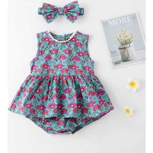 New Baby Girl Rompers 2pcs Floral Print Sleeveless Baby Rompers+headband Summer Baby Clothes Party Princess Baby Bodysuit 0-18M