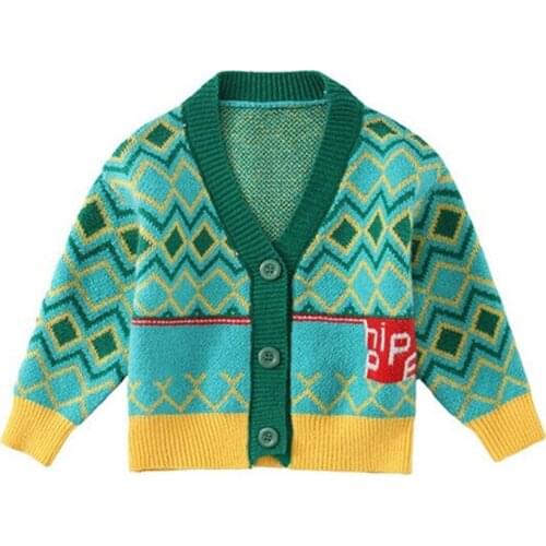 OSO FELIZ Childrens 2020 new girls' knitted cardigan jacket autumn plaid thick boys jacquard all-match sweater with buttons