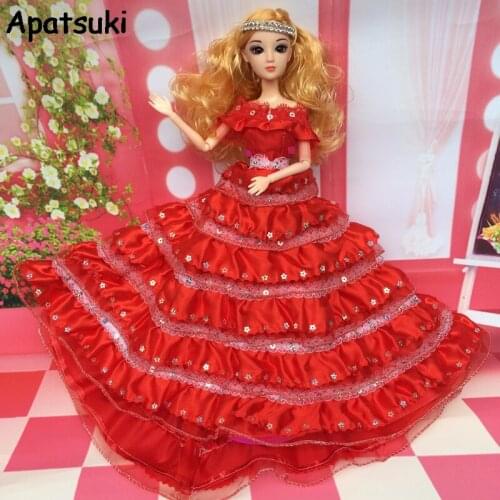 Red 1/6 Wedding Dress for Barbie Doll Princess Evening Party Wears Clothes Long Dress Outfit Clothes for Barbie Doll Accessories