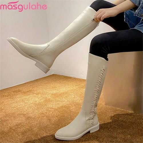 Masgulahe 2021 genuine leather boots low heel round toe comfortable women boots autumn winter solid color knee high boots