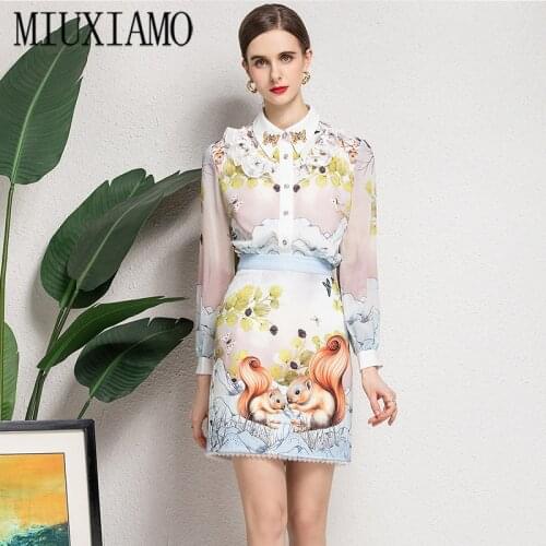 MIUXIMAO Best Quality 2021 Office Lady SpringTwinset Elegant Half Sleeve Top Luxury Flower squirrel Print Suits Women Vestido