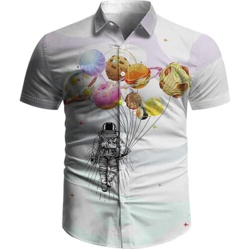 Fashion summer mens shirt button down fine dye cloth mixed print 3D astronaut style travel shirt Unisex travel shirt