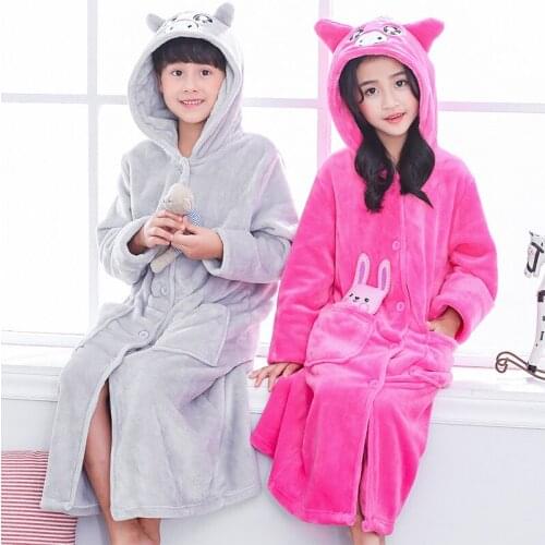 Fashion Flannel Bathrobes for Boys and Girls Teenage Warm Cartoon Pig Sleepwear Pajamas Kids Baby Single Button Dressing Gown