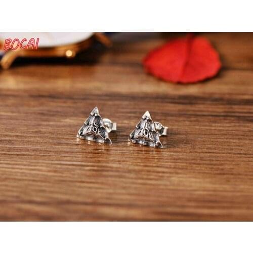 S925 sterling silver fashion trendy Japanese and Korean retro earrings triangle eyes personality creative mens earrings
