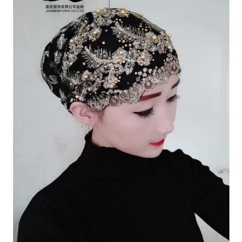 Muslim hat hair with hat embroidered hat embroidered hat feather hat womens hat moon hat European version of retro hat
