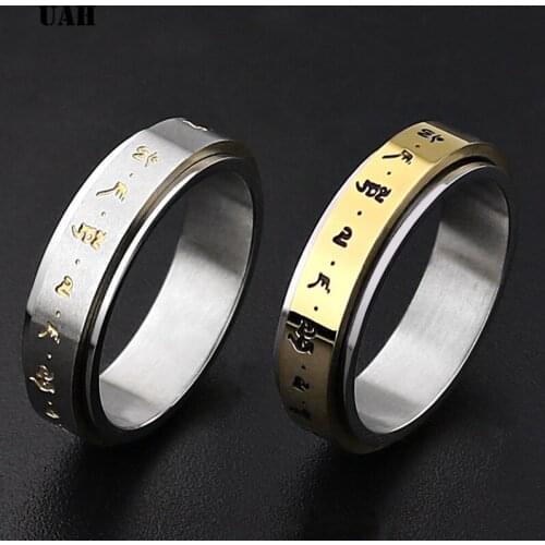 UAH Buddhism Scriptures Supernatural Amulet Letter Men Wedding Rings Mens Signet Ring Stainless Steel Gold Silver Ring Bague
