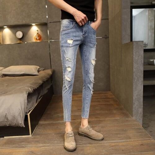 Korean Style Mens 2021 Summer New Slim Pockets Classic High Street Hole Design Vintage Jeans Fashion Casual Ankle Length Pants