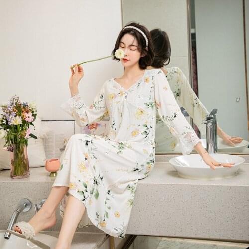 White Flower Print V-Neck Nightgown Women Sweet Lace Trim Long Nightdress Spring Summer New Cotton Sleepwear Cute Sleepshirts