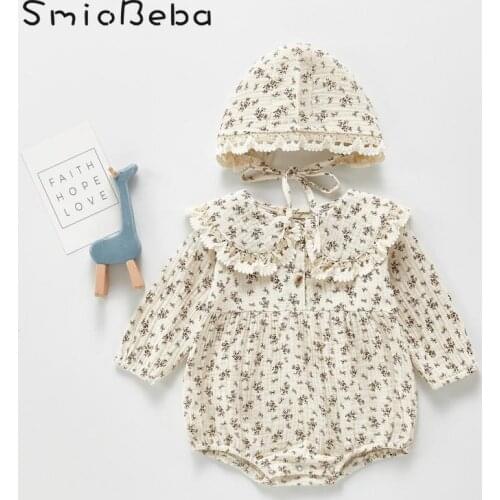 Spring Newest Baby Floral Hooded Creeping Suit Sweet Girls Romper With Hats Full Printed Floral Big Lapel Jumpsuit Japan Clothes