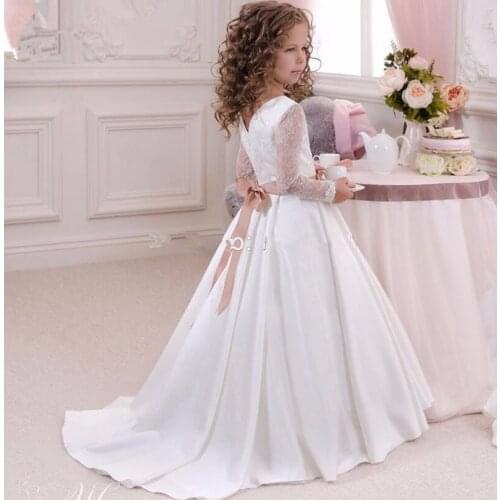 Long Sleeves A-line Flower Girl Dresses with Sash Holy First Communion Dress