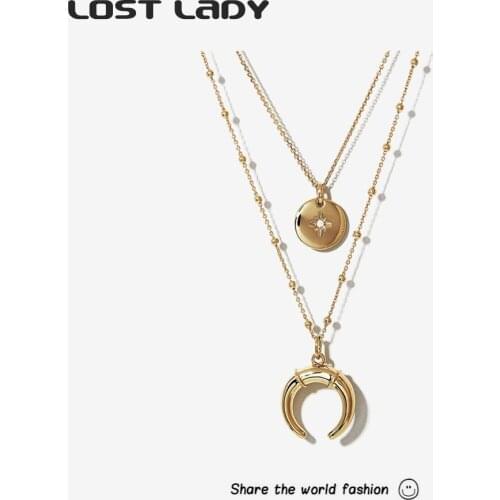 Lost Lady New Fashion Star Moon Necklace For Women Double Layer Alloy Pendant Necklace Wholesale Accessories Party Wedding Gifts