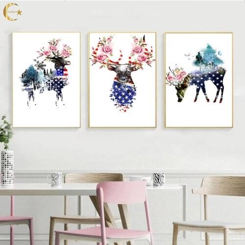 Flower Animal Usa Flag Banner Deer Zebra Giraffe Canvas Painting Nordic Posters and Print Wall Art Picture for Living Home Decor