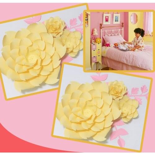 DIY Giant Paper Flowers Fleurs Artificielles Backdrop Artificial Rose 3pcs+3 Leaves Wedding Party Decor Bedroom Decor Yellow