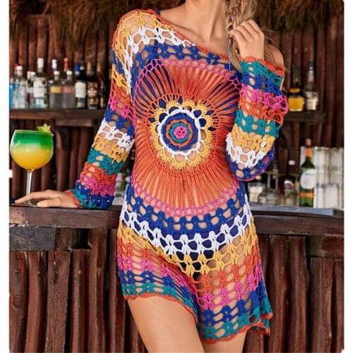 Sexy Rainbow Beach Dress Tunic Women 2021 Hand Made Crochet Knitted Bikini Cover Up Beach Wear Pareo Summer Swimsuit Cover-Ups