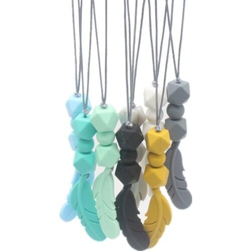Silicone Teething Necklace 9 Colors Silicone Bite Beads Feather Pendant Nursing Necklace Jewelry Teether Chewing Beads Jewelry
