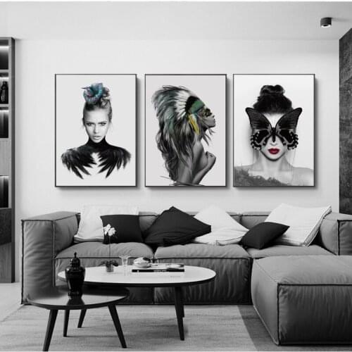 Nordic Female Portraits Posters And Prints Feather Fine Art Wall Art Canvas Prints Pictures For Living Room Decor painting