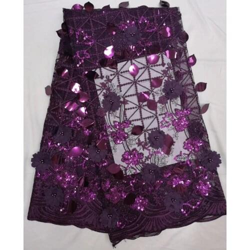 Deep Purple Lace Fabric Sequins, The Latest Nigerian Wedding Lace, 3D Flower Lace Material FJ32781