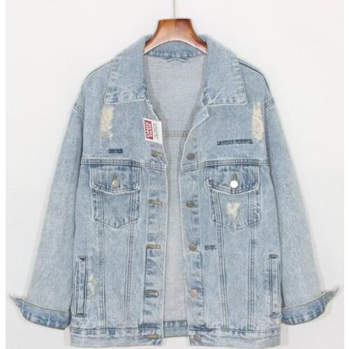 Spring Autumn Vintage Washed Letter Embroidery Hole Denim jacket Women jaqueta Loose Plus size Casual Jeans jacket Ropa de mujer