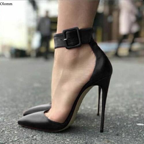 Olomm 2021 Women Ankle Strap Pumps Sexy Buckle Stiletto Heel Pointed Toe Classics 9 Colors Dress Shoes Women Plus US Size 5-15