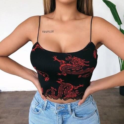 Dragon Print Mesh Sexy Crop Top Black Backless Sleeveless Cami Spaghetti Strap Tops Tees Women Summer Streetwear 2021 Sexy Top