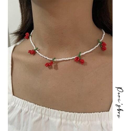 PerisBox Handmad Sweet Acrylic Red Cherry Charm Beaded Chain Choker For Women Cute Fruit White Bead Necklace Summer Jewelry
