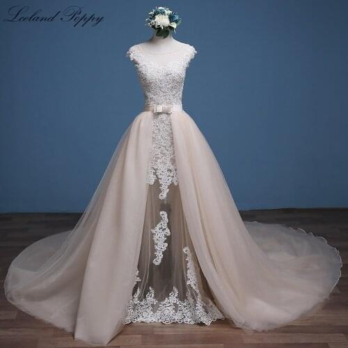 Lceland Poppy Detachable Train Mermaid Champagne Wedding Dresses Scoop Neck Vestido de Novia Floor Length Tulle Bridal Dress