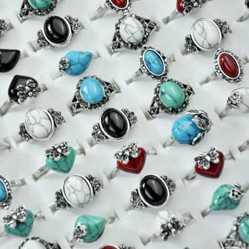 50Pcs Vintage Mixed Turquoises Stone Rhinestone Women Ring lots female anel Jewelry Lots Top quality Free Shipping LR4066